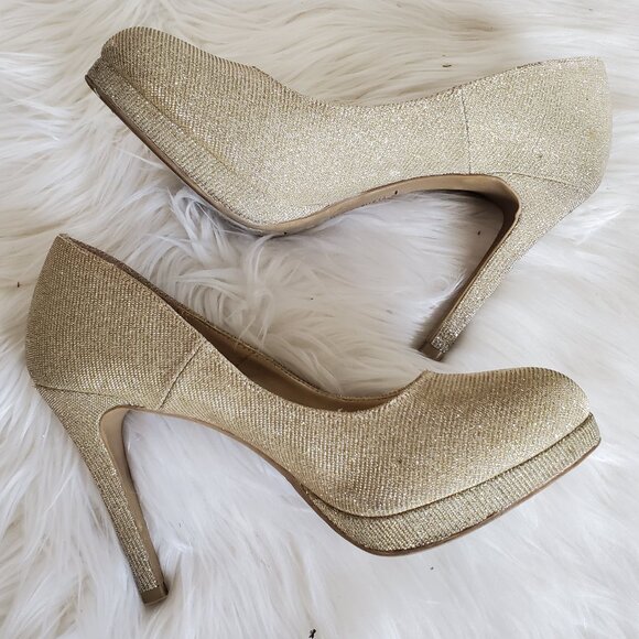 Fioni Night Gold Stardust Round Toe Platform Heels SZ 8 - Picture 1 of 12